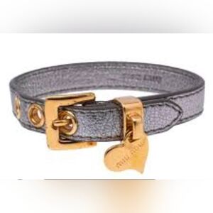 Authentic Miu Miu Leather Bracelet with Gold-tone Buckle and Heart-shaped Charm